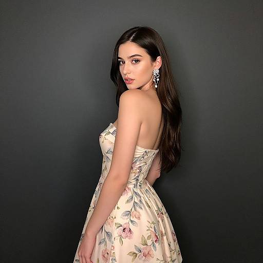 Photograph of an elegant woman with long black hair, wearing a floral strapless dress, looking over her shoulder, against a dark background.