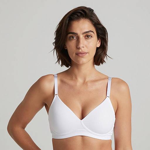 Woman in White Bra with Neutral Expression