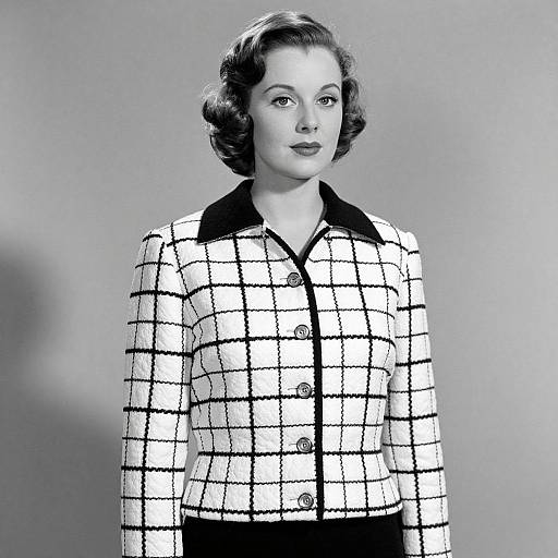 Black-and-white photograph of a 1950s-style woman with wavy hair, wearing a white checkered blazer with black buttons and collar.