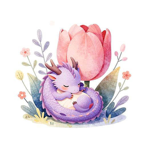 Whimsical Baby Dragon in Tulip