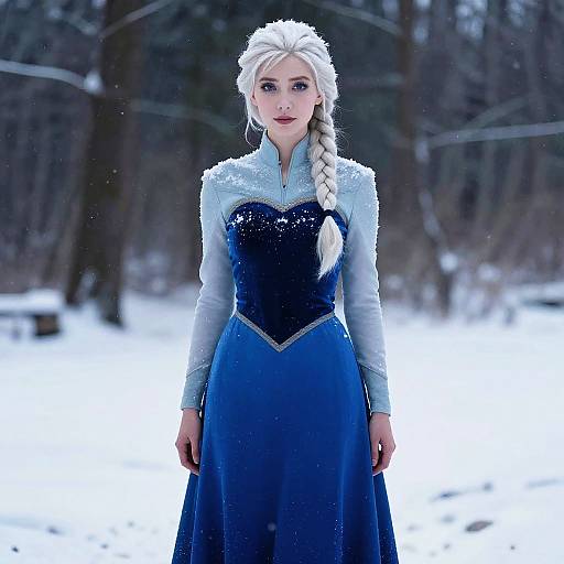 Digital artwork of Elsa from Frozen standing in a snowy forest, wearing her iconic ice-blue gown with silver accents and a long, braided white hair,