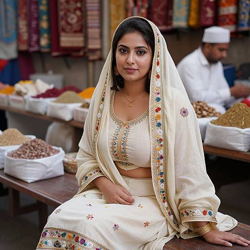Photograph of a South Asian woman with medium skin tone, dark hair, and brown eyes, wearing a white embroidered traditional saree, sitting at a