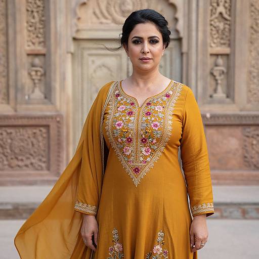Photograph of a middle-aged Indian woman with dark hair in a bun, wearing an orange embroidered traditional kameez, standing in front of an orn