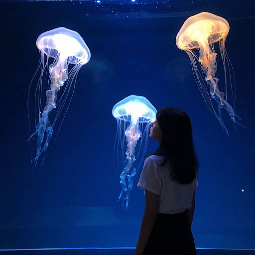 Photograph of a woman with long dark hair, silhouetted against a blue-lit aquarium, gazing at three glowing jellyfish with white