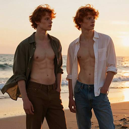 Photograph of two shirtless, slim, red-haired men with tousled hair, standing on a beach at sunset, wearing open shirts and jeans.