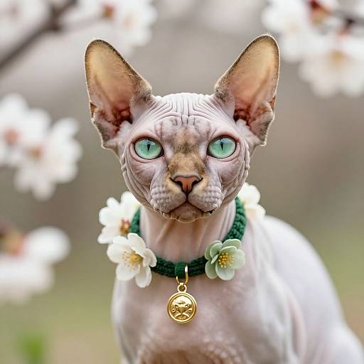 Photograph of a sleek, white-haired, blue-eyed Sphynx cat with large ears, wearing a green collar with white flower charms and a
