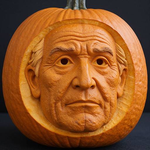 Photograph of a carved pumpkin featuring an intricately detailed, realistic face of an older man with gray hair, set against a dark background.
