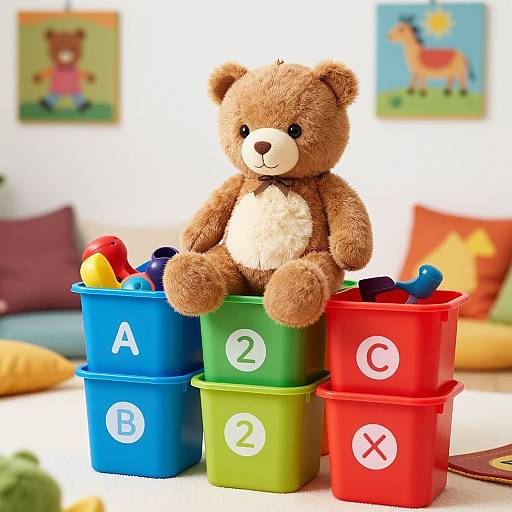 Photograph of a brown teddy bear sitting on green and red plastic cups with letters A, B, 2, C, X, and colorful