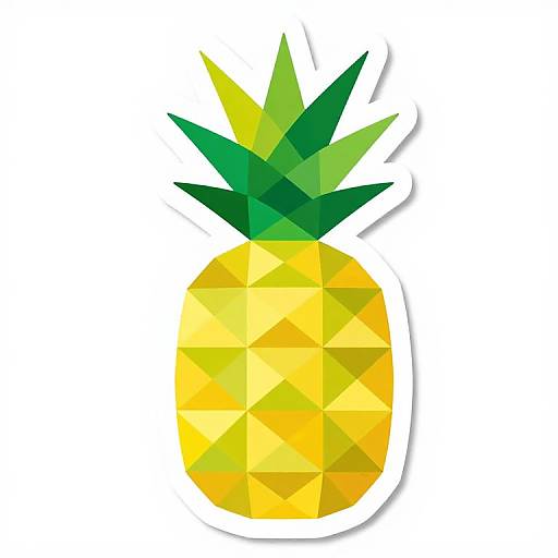 Digital geometric illustration of a pineapple with yellow triangular facets and green leaves, set against a white background.