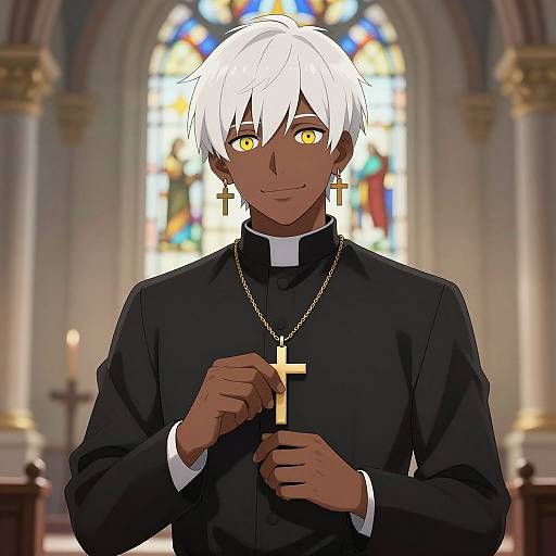 Anime-style drawing of a dark-skinned, white-haired male priest with yellow eyes, holding a cross, wearing a black clerical shirt and gold cross
