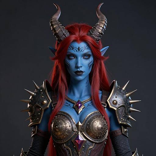 Fantasy Warrior Woman with Blue Skin and Horns