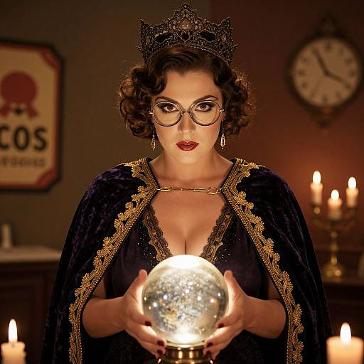 Vintage-style photograph of a woman with curly brown hair, glasses, black crown, deep cleavage, holding a glowing snow globe, surrounded by candles in