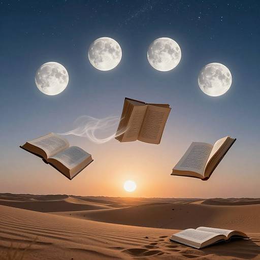 Photograph of three floating open books above a desert at sunset, with four glowing moons in a starry sky.