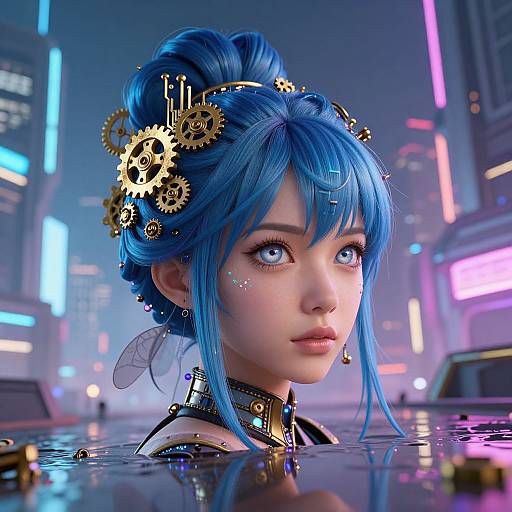 CGI cyberpunk portrait of a blue-haired woman with gears in her hair, glowing blue eyes, neon cityscape background, and futuristic wet attire.