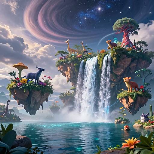Fantastical digital artwork of floating islands with diverse wildlife, waterfalls, and vibrant flora under a swirling galaxy sky. Whimsical and colorful.