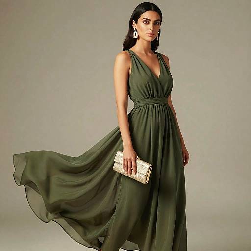 Elegant Woman in Flowing Olive Dress