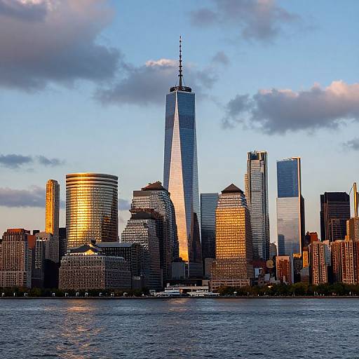 Photograph of New York City skyline at sunset, featuring One World Trade Center illuminated, surrounded by other tall buildings, reflecting golden light, with Hudson River