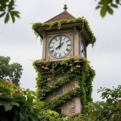 Photograph of a clock tower adorned with lush green ivy and orange flowers, with a white clock face featuring black Roman numerals, set against a