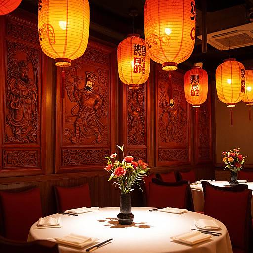 Warm, dimly-lit restaurant with red paper lanterns, intricately carved wooden panels, white tablecloths, and small flower vases on