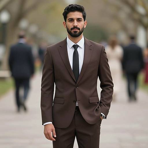 Photograph of a bearded man with dark hair in a brown suit, white shirt, and black tie, standing on a blurred park pathway with people