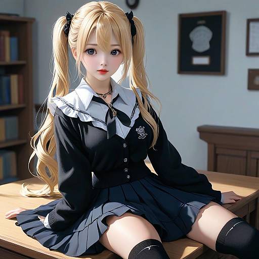 Digital anime-style drawing of a blonde girl with twin tails, wearing a black and white school uniform, sitting on a desk in a sunlit library.