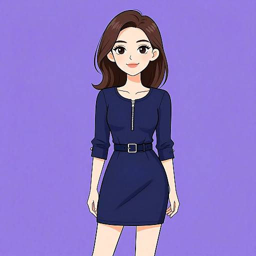 Digital anime-style drawing of a smiling young woman with brown hair, wearing a dark blue dress with a zipper and belt, against a solid purple background.