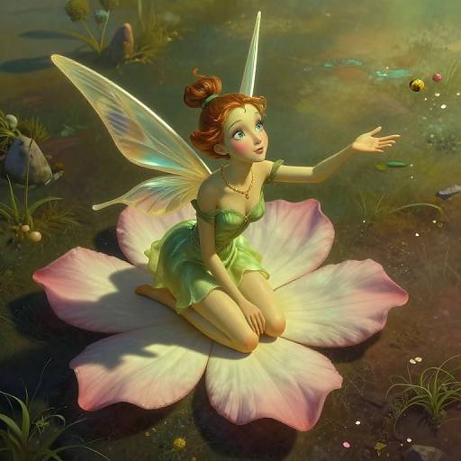 CGI fairy with green dress and translucent wings, kneeling on a giant pink flower, extends arm in a magical, sunlit pond.