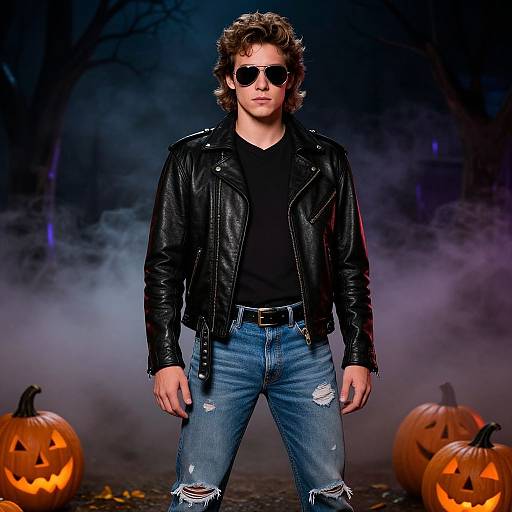 Photograph of a muscular man with curly brown hair, wearing black leather jacket, sunglasses, black shirt, and ripped jeans, standing in front of fog