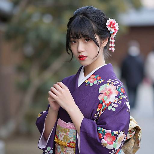Photograph of a young Asian woman with black hair in a floral hairpin, wearing a purple kimono with colorful floral patterns, standing outdoors with a
