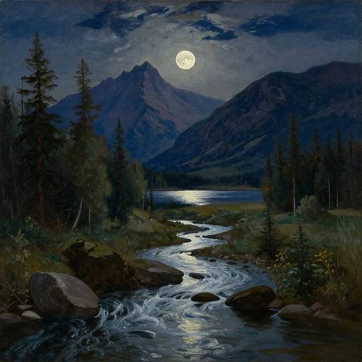 Moonlit mountain landscape with a flowing river, dark pine trees, and reflective water under a bright full moon. Digital painting.