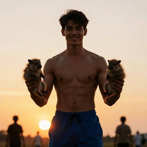Muscular Man with Furry Creatures at Sunset