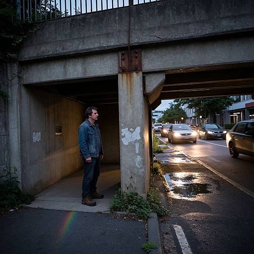 Photograph: Man in denim jacket stands under concrete overpass, cars with headlights on, wet street, rainbow reflection, urban night.