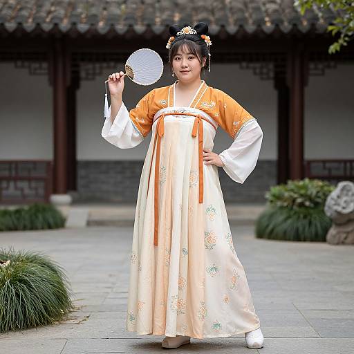 Photograph of an Asian woman in traditional orange and white hanbok, holding a fan, standing in a Japanese-style courtyard.
