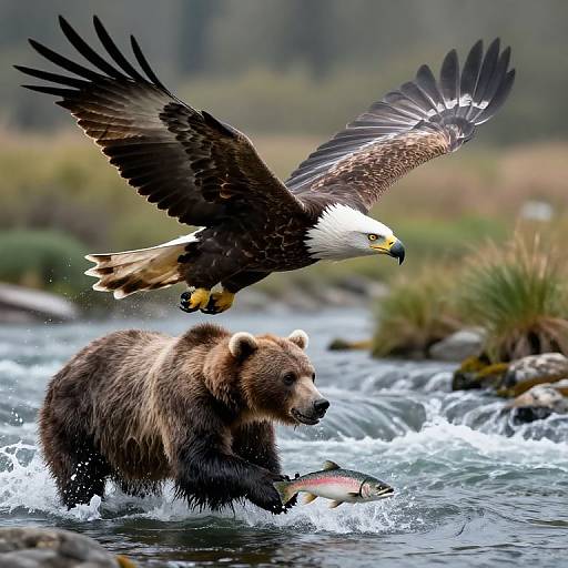Photograph of a brown bear standing in a river, holding a fish, with a bald eagle flying above, wings spread wide.