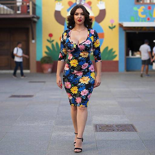 Photograph of a confident woman with curly dark hair, wearing a colorful floral dress, black heels, walking in a vibrant urban street.