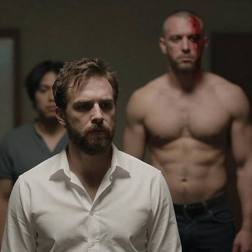 Dimly Lit Trio with Bloodied Man