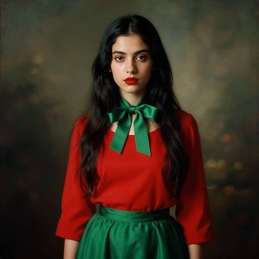 Photograph of a young woman with long black hair, wearing a red blouse and green skirt with matching green ribbon, against a dark, blurred background.