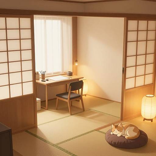 Digital illustration of a tranquil Japanese room with a sleeping cat on a dark cushion, wooden desk, chair, and soft lighting. Shoji screens and tat