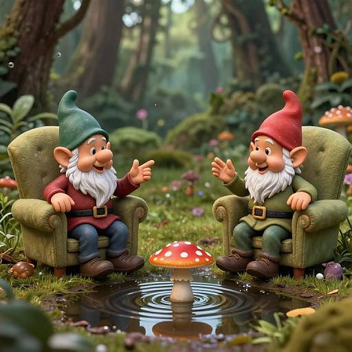 Photorealistic CGI of two cartoon gnomes with red and green hats, sitting in mossy forest chairs, talking by a mushroom in a pudd
