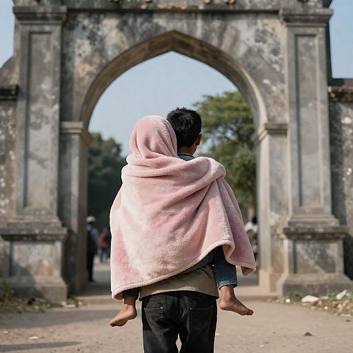 Family Embrace Under Stone Archway