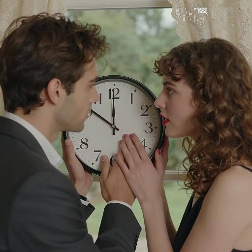 Couple Holding Clock Against Window