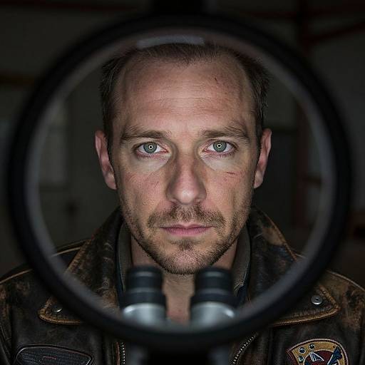 Photograph of a bearded, blue-eyed man with a slight scar, viewed through a telescope lens, wearing a brown leather jacket with a patch.