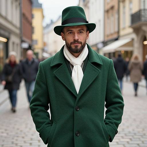Photograph of a bearded man with a green hat and coat, white scarf, standing on a cobblestone street with blurred pedestrians.