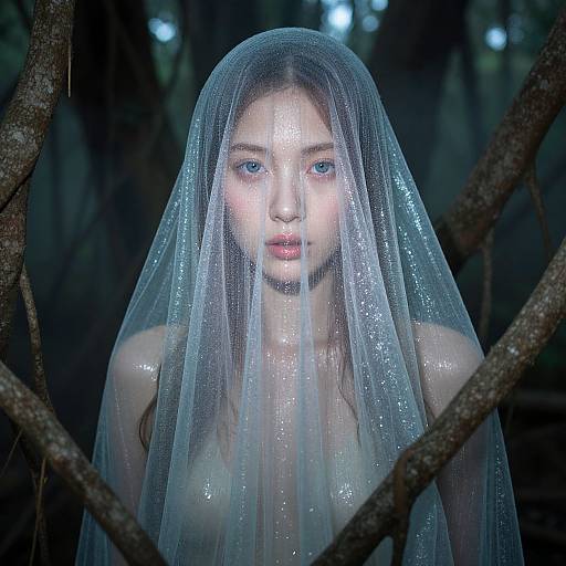 Photograph of a fair-skinned, blue-eyed young woman with wet, translucent veil, standing in a dark, forested area, surrounded by tree