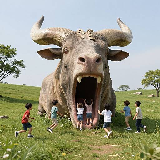 Digital artwork: Giant bull with massive horns and open mouth stands in grassy field; six children stand inside its mouth, looking up. Clear blue sky