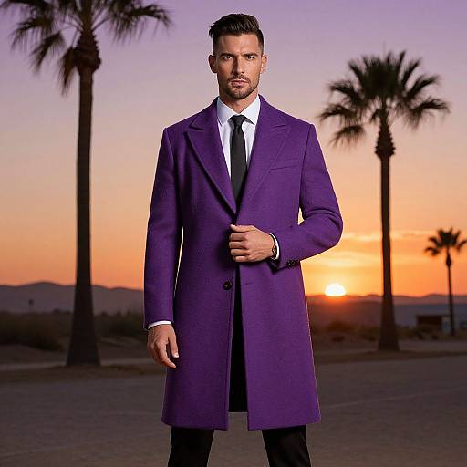Stylish Man in Purple Coat at Sunset