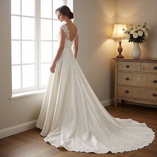 Photograph of a bride in a white lace and satin wedding gown with a long train, standing by a sunlit window, near a wooden dresser with