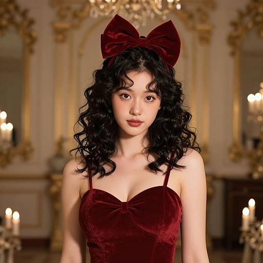 Photograph-style CGI of a young woman with curly black hair, wearing a burgundy velvet dress and large bow, in an ornate, candlelit