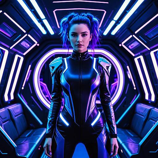 Futuristic Woman in Neon Spaceship