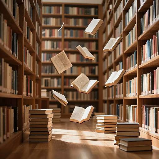 Floating Books in Sunlit Library